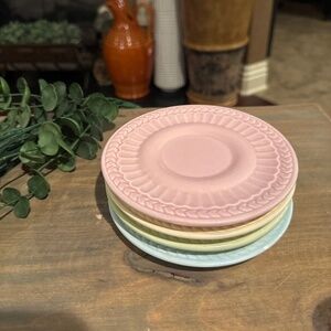 A Perfect Occasion Saucer in Pink, Yellow, Green & Blue with Scroll Design